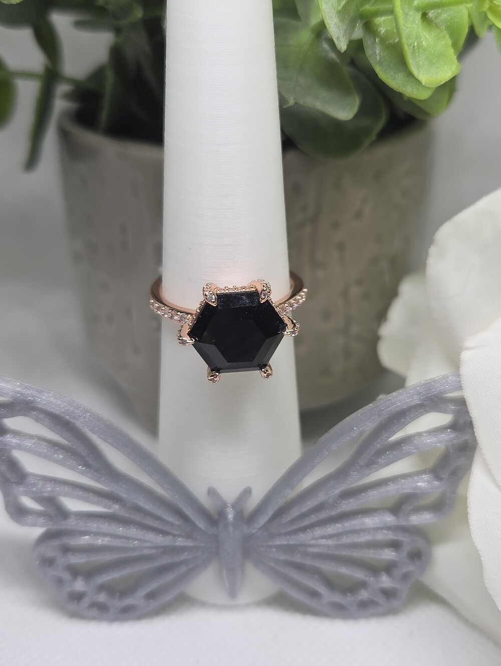 BP Rose Gold Ring with Black Hexagon Gemstone